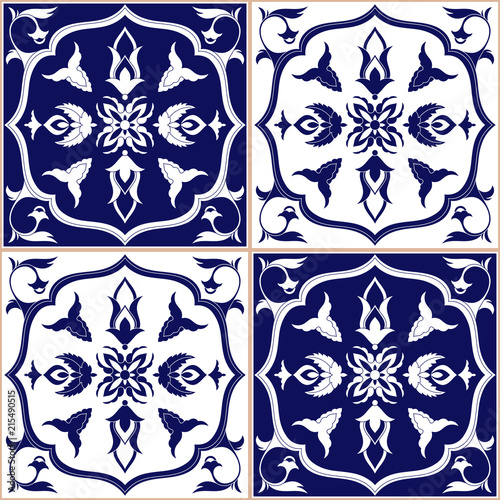 Delft Dutch Tile Pattern Vector Seamless With White And Blue