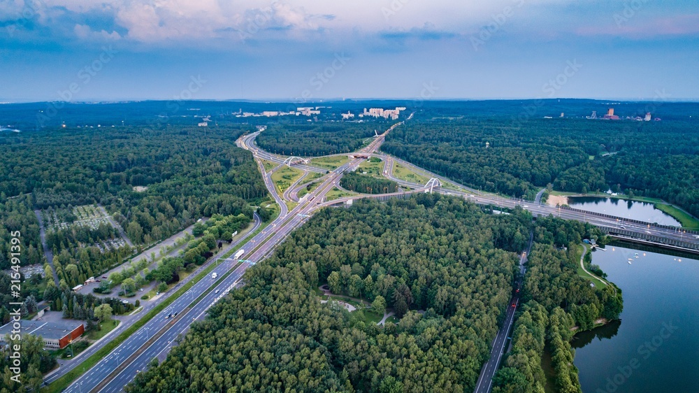Obraz na płótnie Aerial drone view on highway junction in Katowice. w salonie
