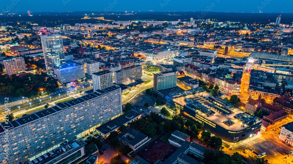 Obraz na płótnie Aerial drone view on Katowice centre at night w salonie
