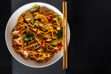 Wok Stir-fry Egg Noodles With Fried Chicken And Thai Spices And, Traditional Spicy Asian Cuisine Food