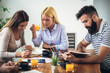 © Mediteraneo - Group of students study at home. Learning and preparing for university exam.