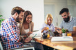 © Mediteraneo - Group of students study at home. Learning and preparing for university exam.