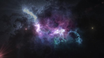 Wall Mural - Outer space nebula zooming in with cloudy colorful background
