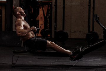 Wall Mural - highly motivated athlete performing exercises with rowing machine in the sport center. wellness concept. full length photo