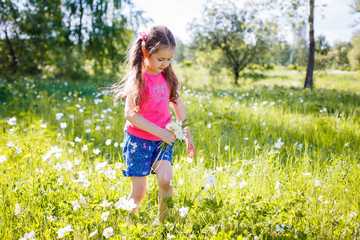 little girl in shorts and a T-shirt in a clearing in the summer with flowers