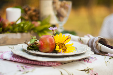 Romantic dinner in the autumn garden, table setting for a nice dinner. Wine, fruit, pomegranate and flowers. Picnic in the open air