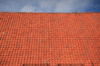a roof made of red tiles and a blue sky with white clouds above it.