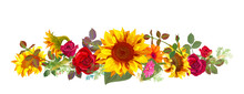 Horizontal Autumn’s Border: Orange, Yellow Sunflowers, Red Roses, Gerbera Daisy Flowers, Small Green Twigs On White Background. Digital Draw, Illustration In Watercolor Style, Panoramic View, Vector