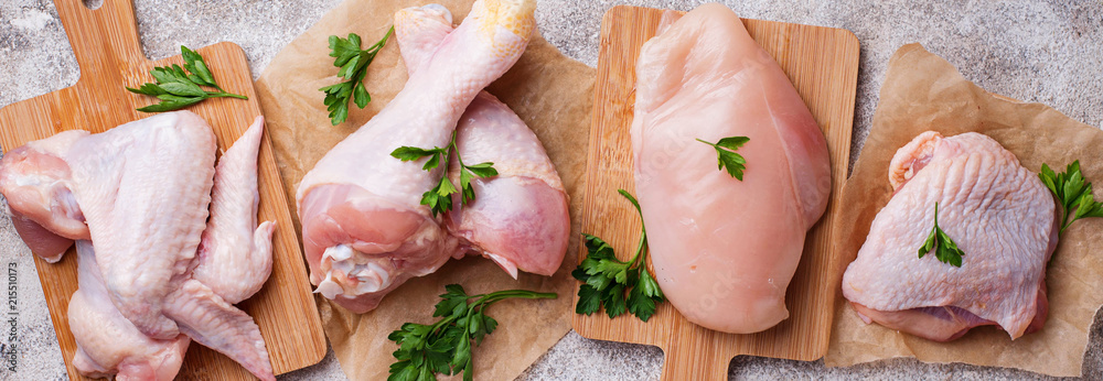 Raw chicken meat fillet, thigh, wings and legs - obrazy, fototapety, plakaty 