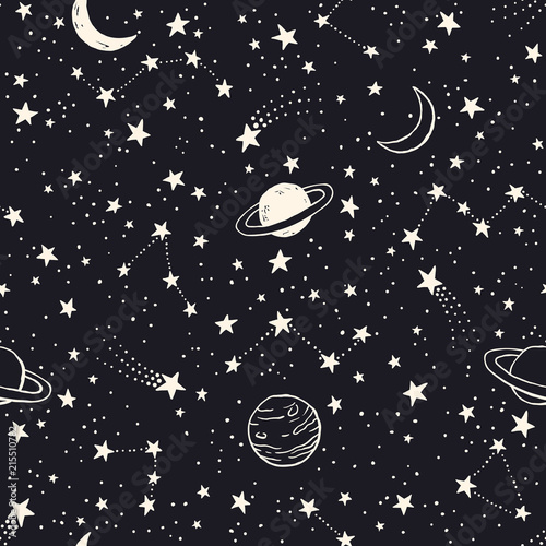 Cotton fabric Nahtlose Muster mit Sternen, Planeten und Konstellationen