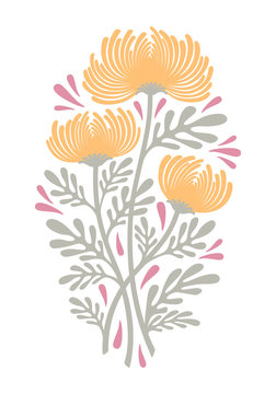 Flat color graphic drawing of a bouquet of flowers of a chrysanthemum plant with leaves and buds. Silhouette decorative illustration, vector, isolated on background, for print, fabric and design.