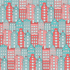  Vector home pattern. Simple urban texture. Decorative modern building view. Architecture concept with European houses. Creative print