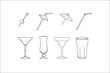 Set of hand sketched cocktail glasses and cocktail umbrella, straw and olive. Collection made for web design, menu, bar, restaurant, shop, logo, print. Each element on a separate layer. Vector.