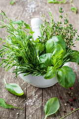 Wall Mural - Basil, thyme, rosemary and tarragon. Mortar bowl with fresh aromatic herbs for cooking.