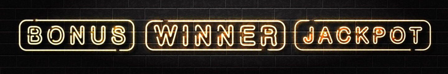 Wall Mural - Vector realistic isolated neon sign of Jackpot, Winner and Bonus logo on the wall background. Concept of slot machine win, casino and award ceremony.