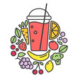 Vector illustration of vegan detox smoothie. Logo for vegans. Ingredients for detox drink.