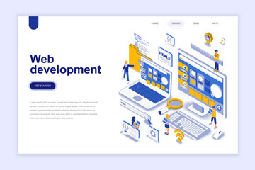 Poster - Web development modern flat design isometric concept. Developer and people concept. Landing page template. Conceptual isometric vector illustration for web and graphic design.