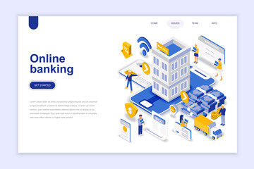Fototapete - Online banking modern flat design isometric concept. Electronic bank and people concept. Landing page template. Conceptual isometric vector illustration for web and graphic design.