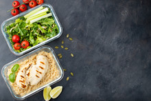 Healthy Meal Prep Containers With Quinoa, Chicken Breast And Green Salad Overhead Shot With Copy Space. Top View. Flat Lay