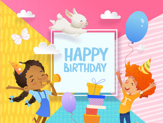 Joyous Boy and girl in birthday hats happily jump. Vector Illustration of a Happy Birthday Greeting Card with balloons, cute rabbits, a bunch of presents on the background.