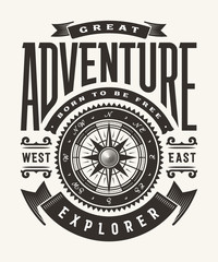 vintage great adventure typography (one color). t-shirt and label graphics in woodcut style. editabl