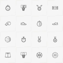 Basketball line icon set with basketball basket, basketball and medal