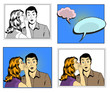 Man and woman whisper pop art comic retro style vector illustration in black and white and colorful versions with speech bubbles on halftone background. Pop art comic illustrations set.