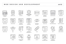 Web Design And Development. Set Of Pixel-perfect Icons. Thin Line Style. Variety Of Unique And Creative Visual Metaphors Suitable For Wide Range Of Uses.