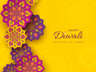 Diwali festival holiday design with paper cut style of Indian Rangoli. Purple color on yellow background, vector illustration.