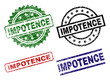 IMPOTENCE seal prints with distress style. Black, green,red,blue vector rubber prints of IMPOTENCE title with scratched surface. Rubber seals with circle, rectangle, rosette shapes.