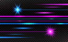 Laser Beams Set. Pink And Blue Horizontal Light Rays. Abstract Bright Lines On Transparent Background. Pack Of Beams On Dark Backdrop. Vector Illustration