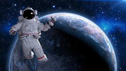 Wall Mural - astronaut in space giving thumbs up, cosmonaut floating above planet earth, 3d rendering