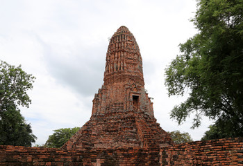 The Main Phra Prang or pagoda in the ruins of ancient remains at Wat Worachet temple, it built in 1593 AD in the Ayutthaya period.