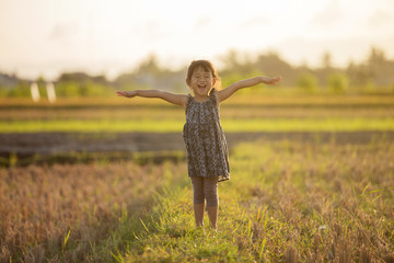 Wall Mural - toddler girl playing around the field