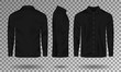 Blank male black shirt template. Realistic Men shirt with long sleeves front, side, back view. Casual Cotton Shirt isolated. Vector illustration