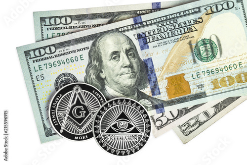 Fotografia, Obraz Freemason symbol coin on hundred dollar bills
