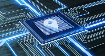 Poster - CPU processor chip and network connection on a circuit board - 3d render