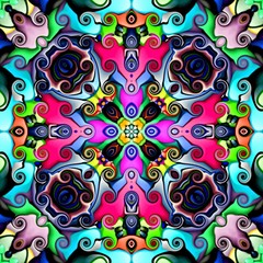 Computer graphics. Illustration of an abstract floral background, psychedelic symmetrical ornament. Traditional oriental mosaic for design, carpet pattern, chasing, wallpaper. tapestry