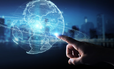 Poster - businessman using globe network hologram with america usa map 3d rendering