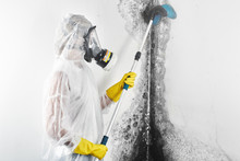 A Professional Disinfector In Overalls Processes The Walls From Mold With A Brush. Removal Of Black Fungus In The Apartment And House. Aspergillus..