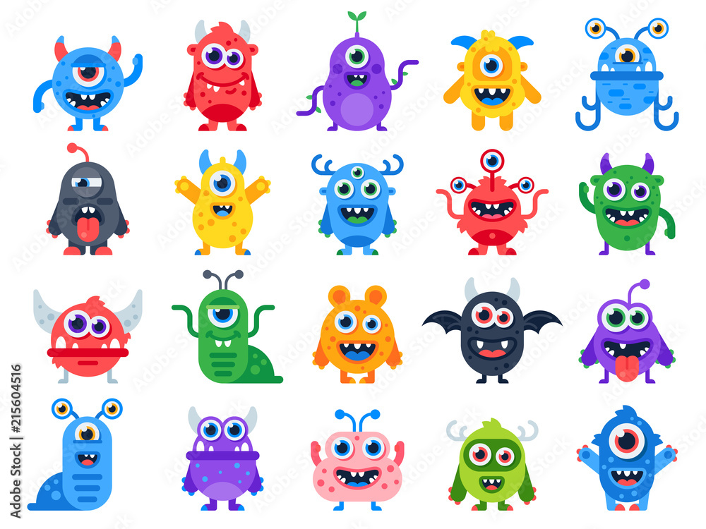 Cute cartoon monsters. Comic halloween joyful monster characters. Funny devil, ugly alien and smile creature flat vector set - obrazy, fototapety, plakaty 
