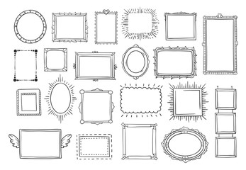 Hand drawn frames. Vintage doodle sketch picture frame. Blank black square cadre sketches painted by hands vector set