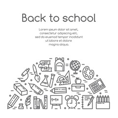 Wall Mural - Back to school vector illustration banner with studying supplies in line art.