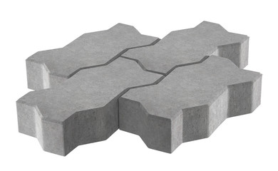 3D realistic render of three grey lock paving bricks. Isolated on white background.