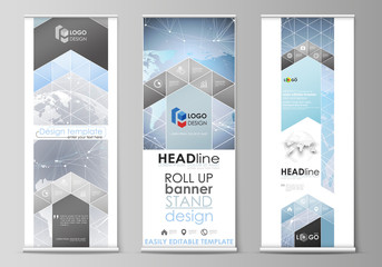 Wall Mural - The minimalistic vector illustration of the editable layout of roll up banner stands, vertical flyers, flags design business templates. Technology concept. Molecule structure, connecting background.