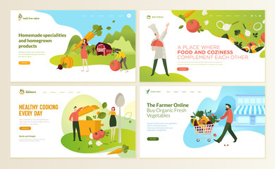 Set of web page design templates for food and drink, natural products, organic food, restaurant, online store. Vector illustration concepts for website and mobile website development. 