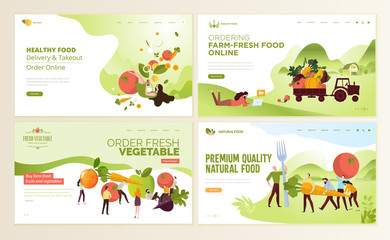 Set of web page design templates for farm fresh food, online food ordering, organic vegetable, e-commerce. Vector illustration concepts for website and mobile website development. 