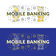 Wall Mural - mobile banking. flat line illustration concept for web banner and printed materials. vector illustra