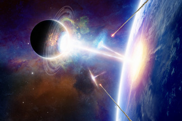 Wall Mural - extraterrestrial space ships attack planet earth. mixed media image.