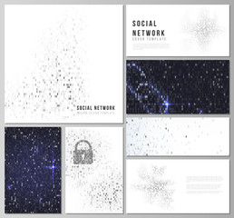 The minimalistic abstract vector layouts of modern social network mockups in popular formats. Binary code background. AI, big data, coding or hacker concept, digital technology background.
